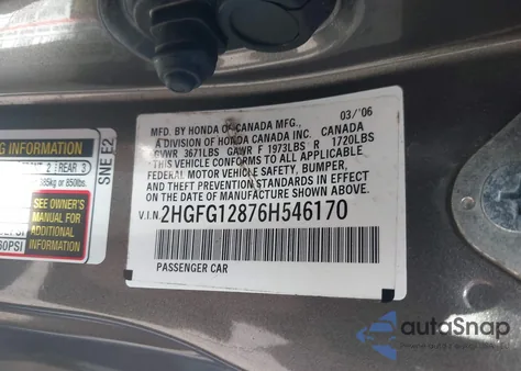 2006 Honda Civic Ex из США, поврежденный, VIN 2HGFG12876H546170